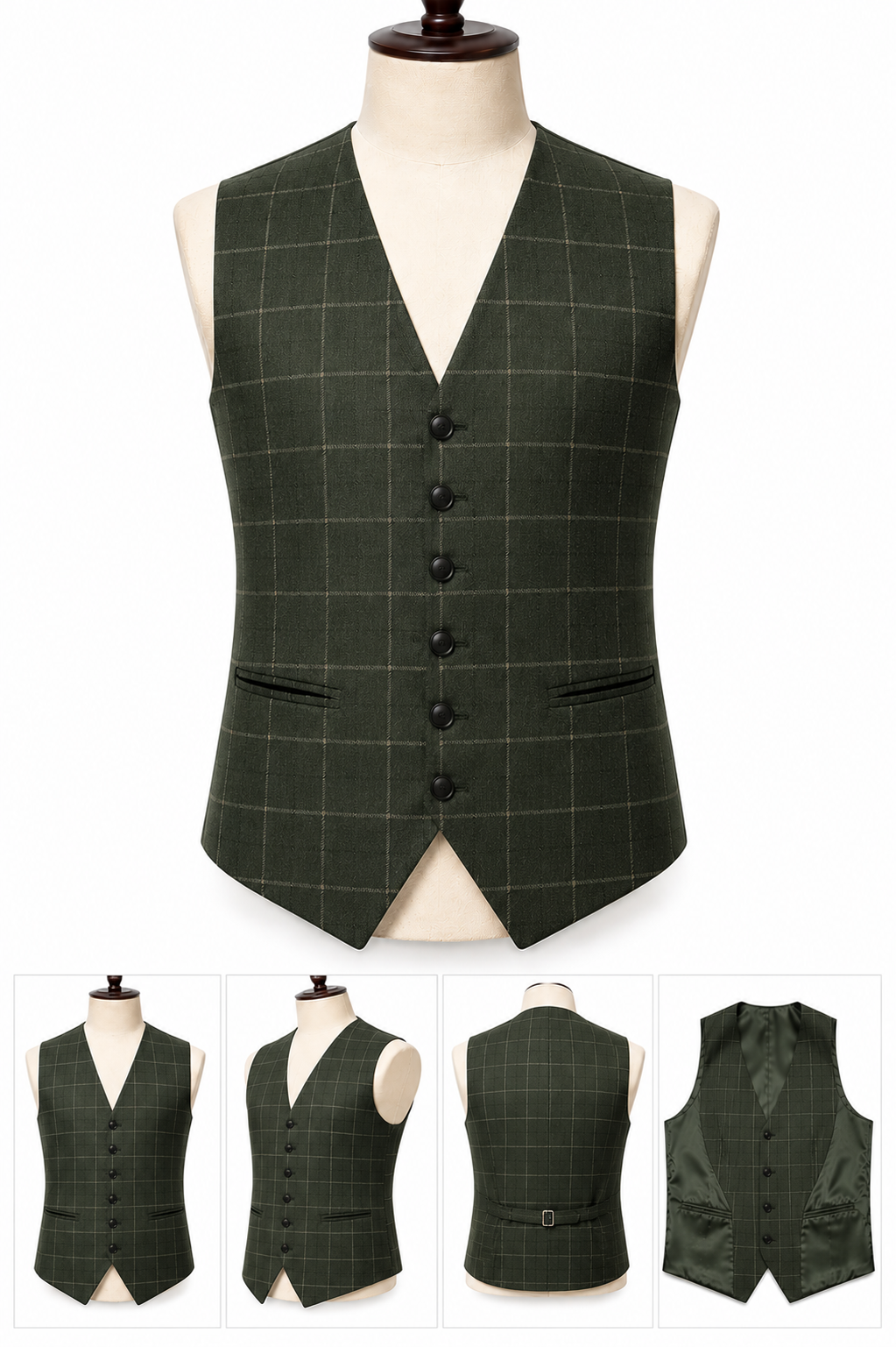 Men's Olive Green Checked Waistcoat